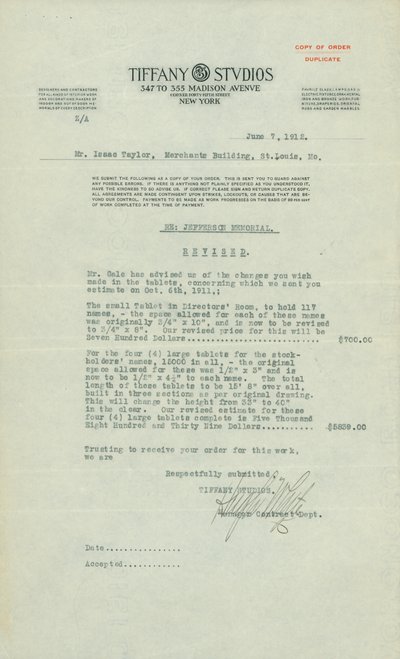 Copy of Order of Hugh White, Manager Contract Dept. by Hugh White